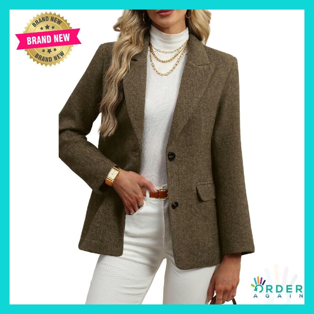 Wool Blend Tweed Blazer Oversized Fit Herringbone Business Casual Classic Chic